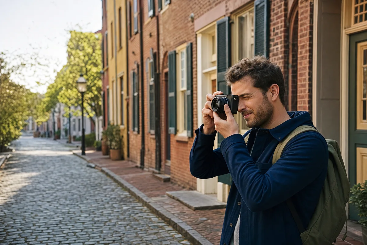 Traveler using a compact camera on a quiet historic city street