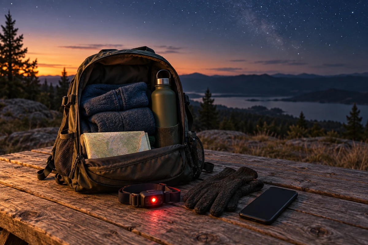 AI-generated editorial scene of a backpack, warm layers, water, map and headlamp prepared for a stargazing evening