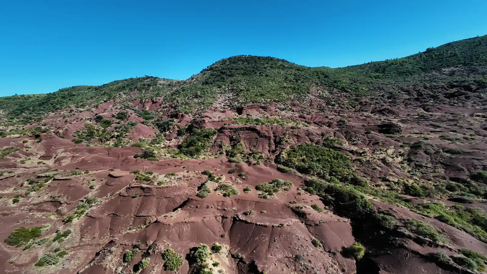 Layered red slopes cut by dark gullies and patches of green vegetation below a wooded hill