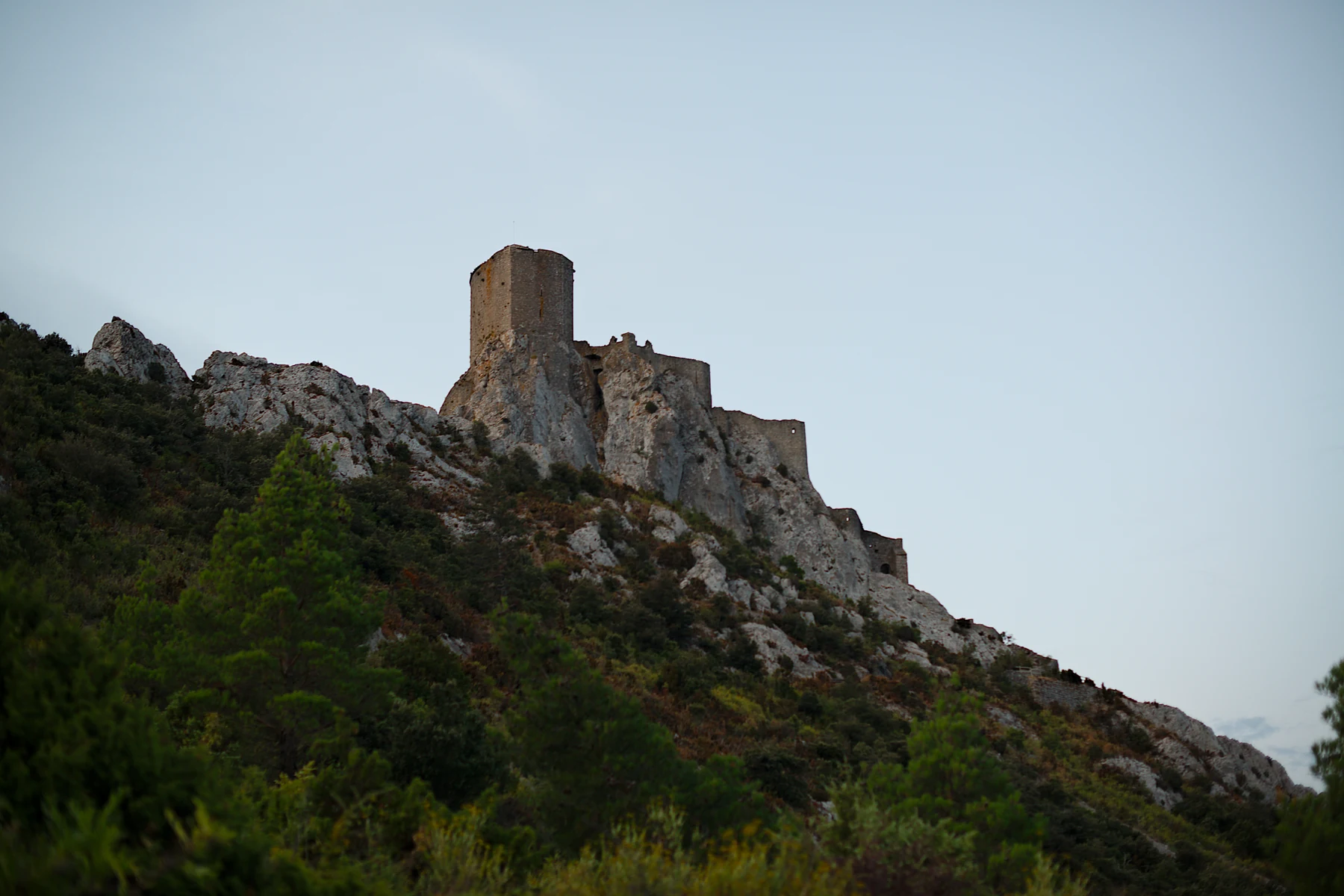 Low-angle view of Quéribus Castle as dawn brightened after the lunar eclipse