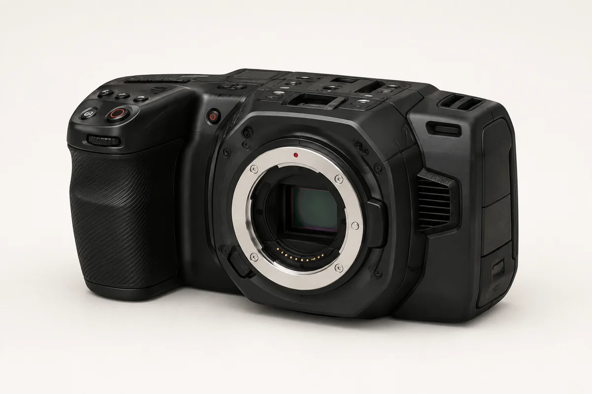 Conceptual illustration of a traditional cinema camera body with grip and exposed lens mount