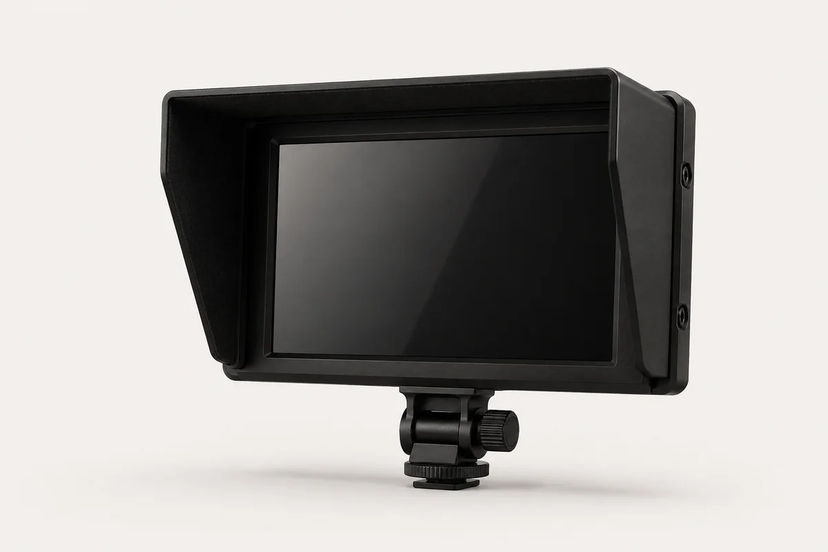 Conceptual illustration of a cinema field monitor with a sun hood and mounting bracket