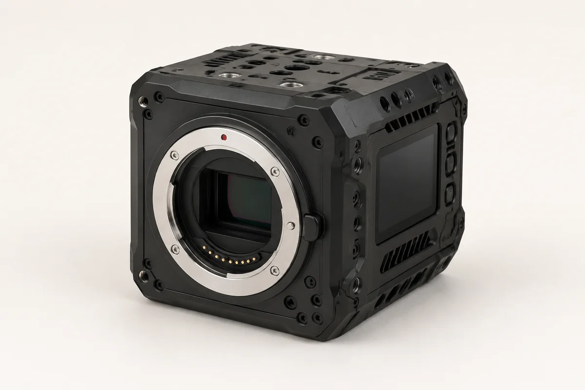 Conceptual illustration of a modular box cinema camera with a side screen