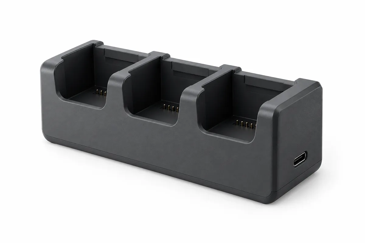 Conceptual editorial illustration of a three-slot drone battery charging hub; not an exact product photograph
