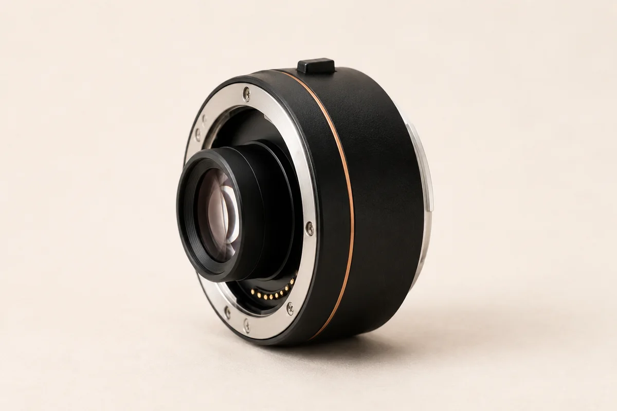 Editorial illustration of a compact black 1.4x mirrorless teleconverter