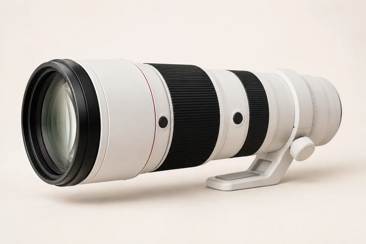 Editorial illustration of a long white 400mm-class super-telephoto prime lens