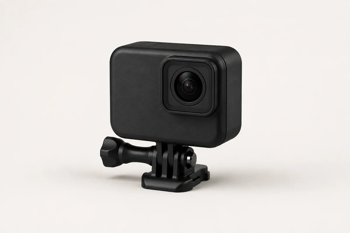 Generic miniature action camera on a mounting buckle, not a photograph of HERO