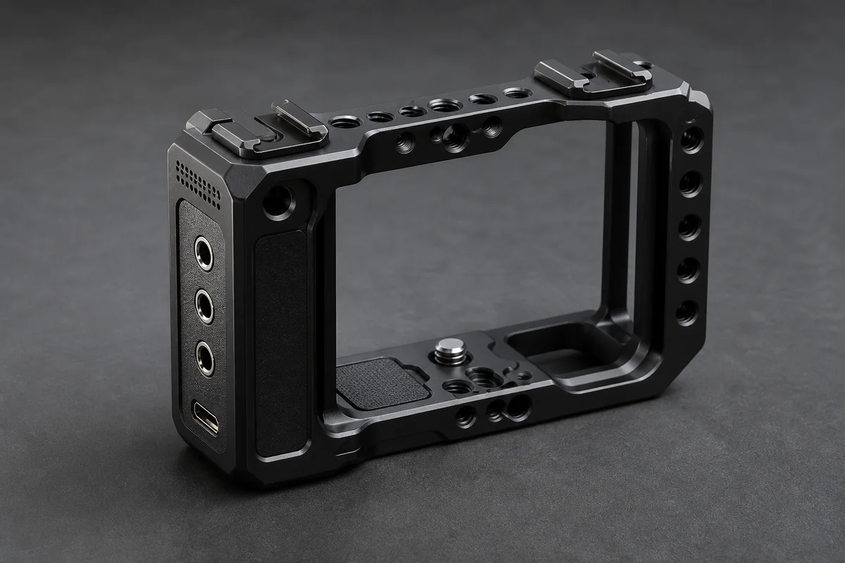 Generic modular media cage showing three audio connections and a video output port