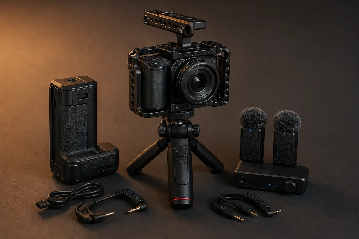 Generic complete compact cinema creator kit with camera, powered grip, and wireless microphones
