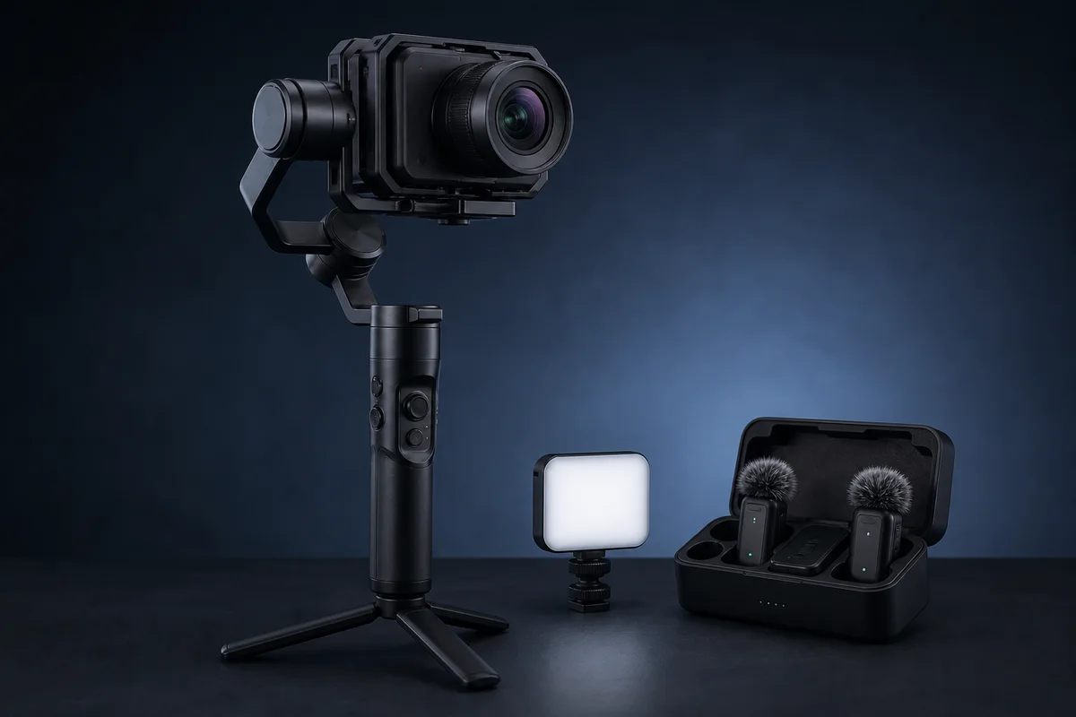 Generic compact cinema camera on a gimbal beside a small light and wireless microphone kit