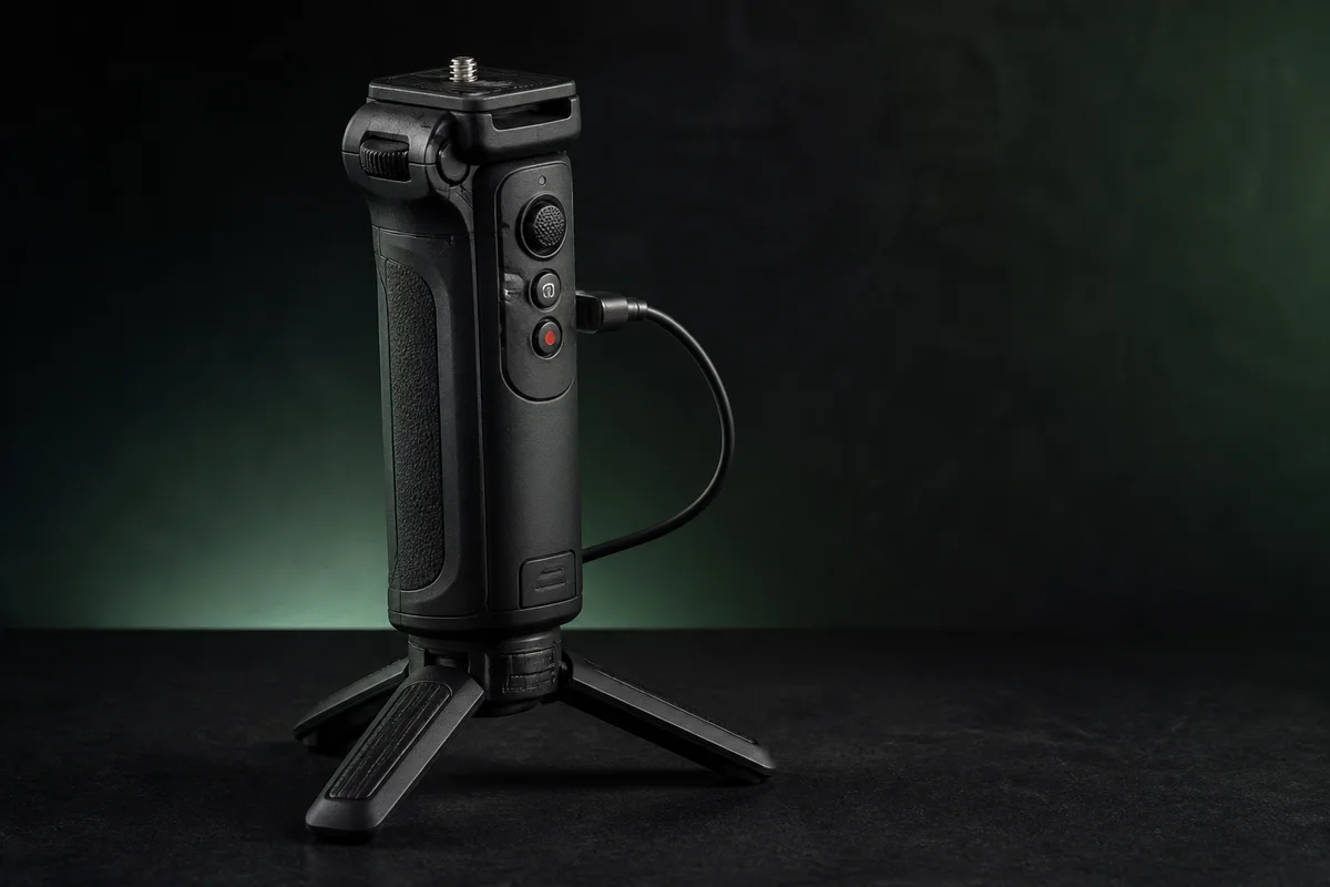 Generic powered camera grip with integrated controls and open tripod legs
