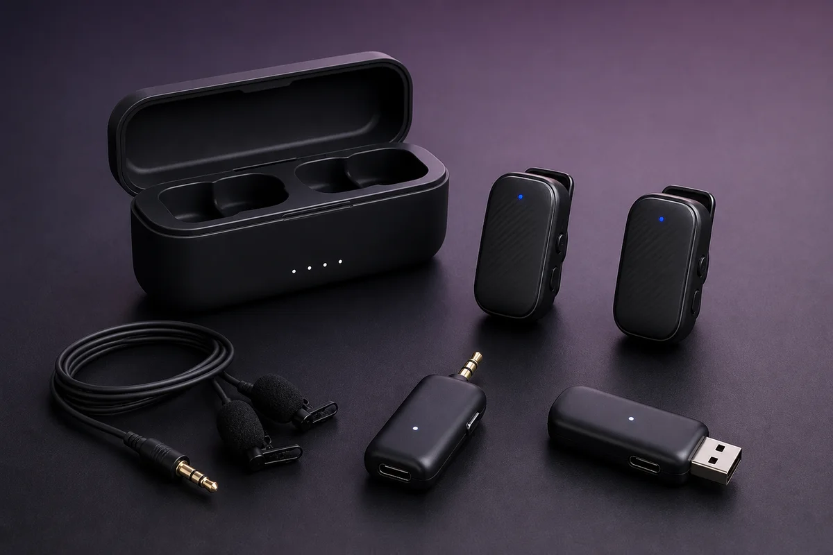 Generic two-person wireless microphone system with receivers and charging case
