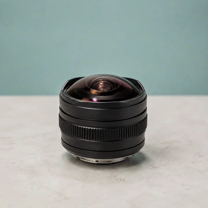 Editorial illustration of a compact manual fisheye lens with a curved shadow
