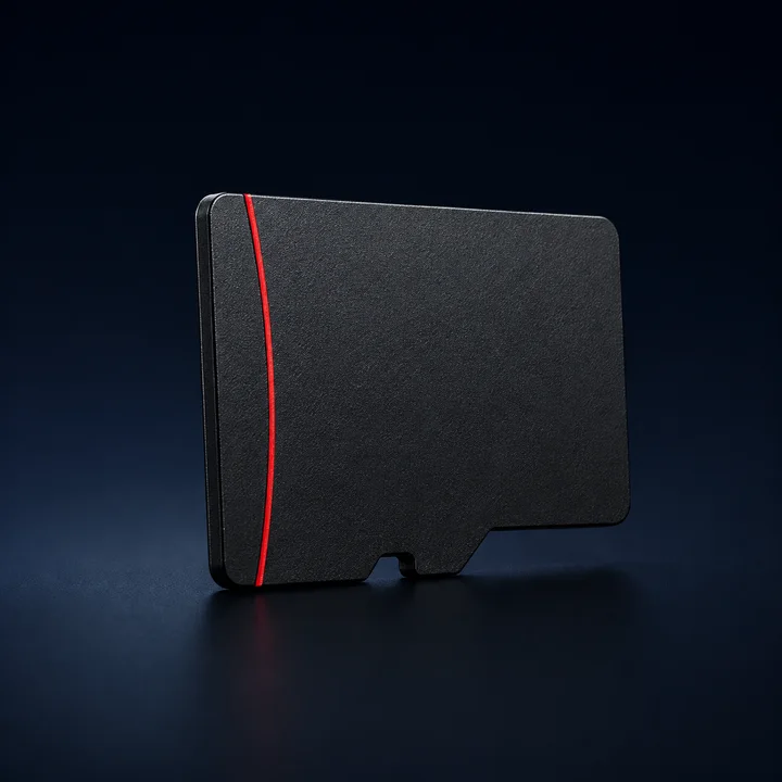 Editorial illustration of an unbranded high-speed microSD card with a curved shadow