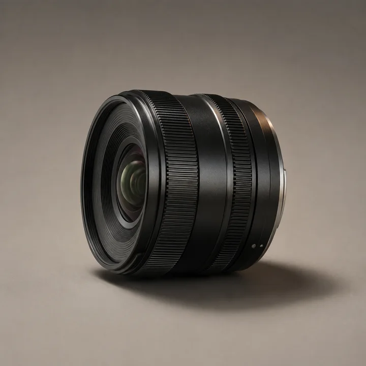 Editorial illustration of a compact manual wide-angle lens with two control rings and a curved shadow