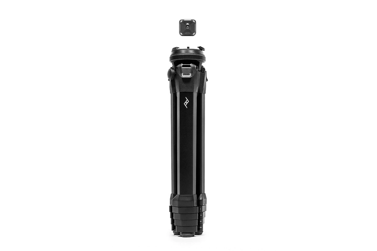 Official Peak Design photograph of the folded aluminum Travel Tripod and its camera plate