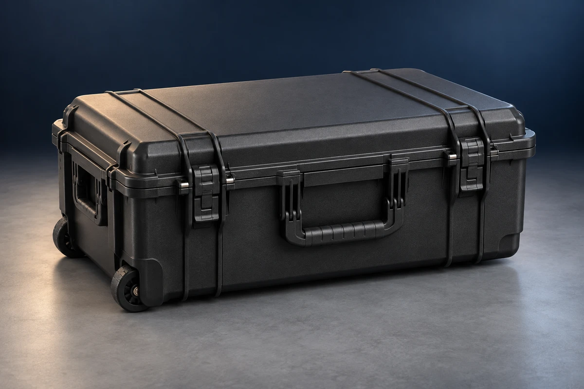 AI-generated editorial illustration of Pelican 1615 Air Case with Foam, Black; approximate appearance, not a product photograph