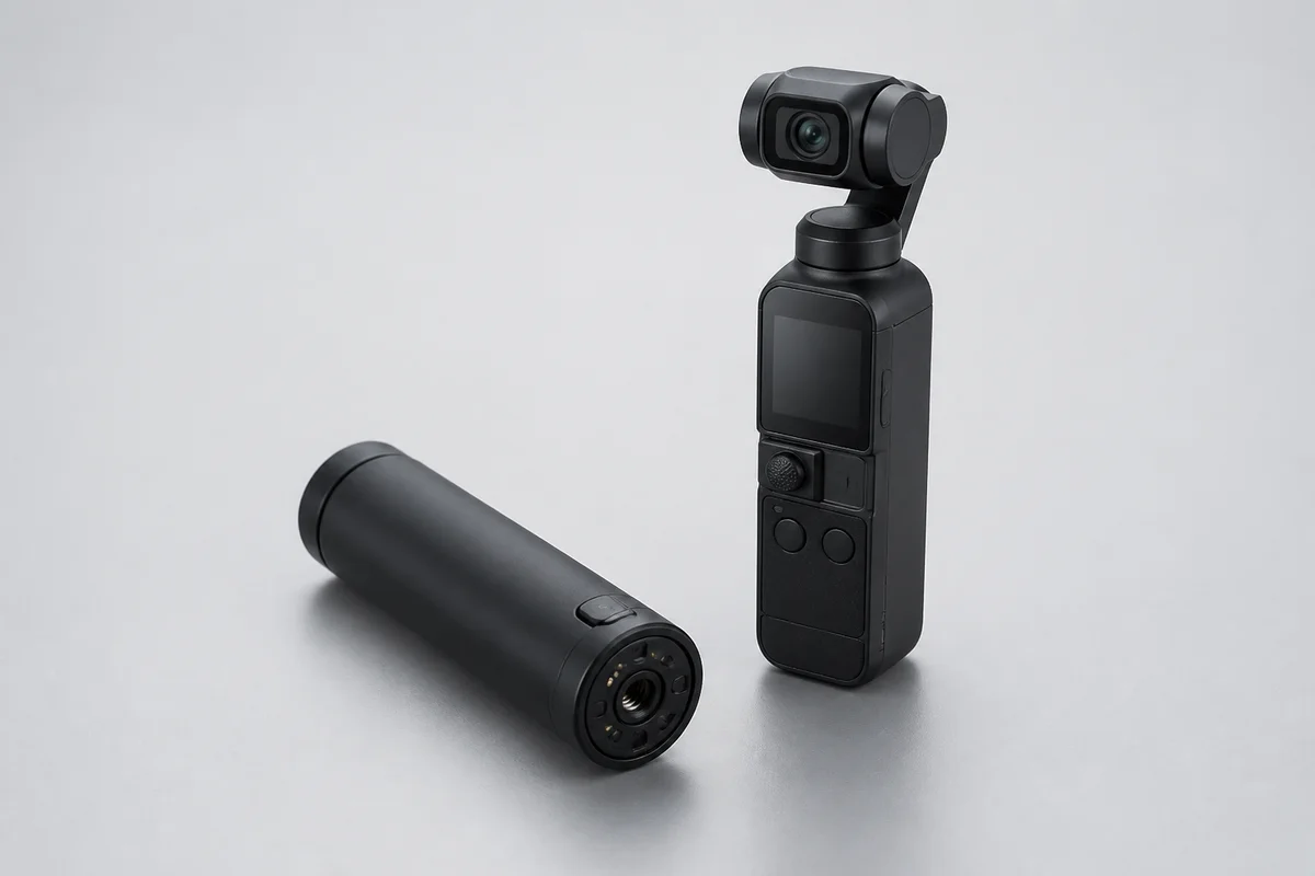 Editorial illustration of a compact battery handle beside a pocket gimbal camera