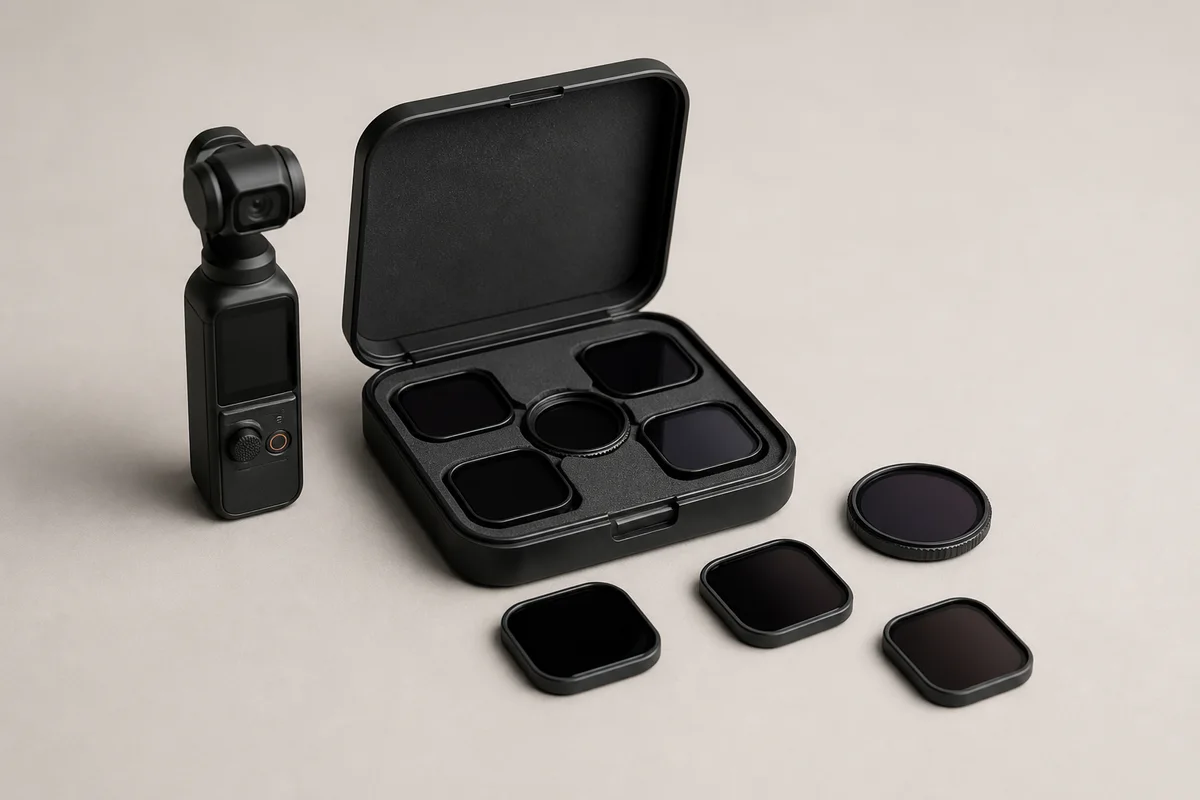 Editorial illustration of a compact neutral-density and polarizing filter set beside a pocket gimbal camera