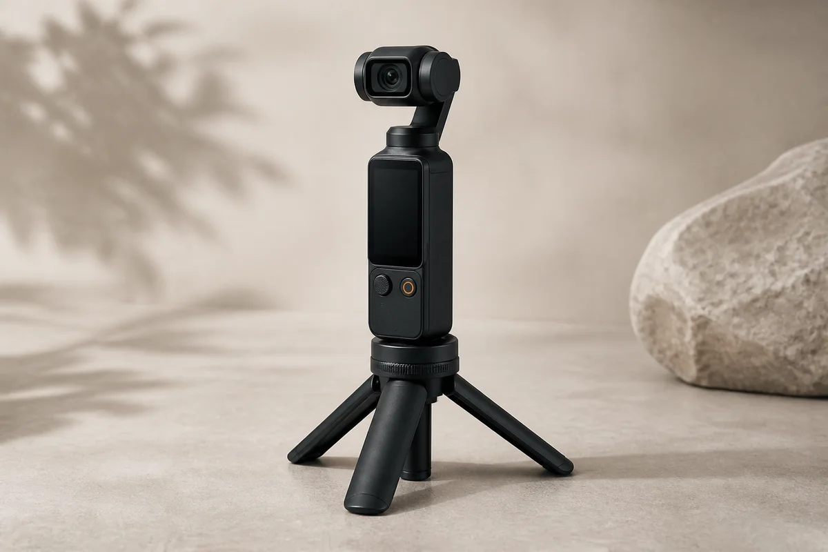 Editorial illustration of a compact tabletop tripod supporting a pocket gimbal camera