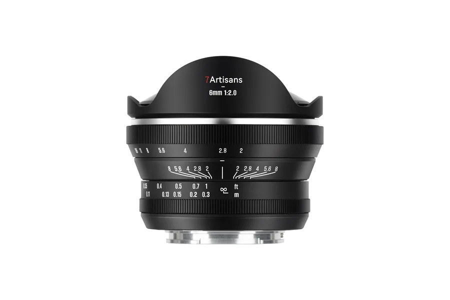 Official 7Artisans family product photograph of the 6mm f/2 fisheye; select the M43 mount when ordering