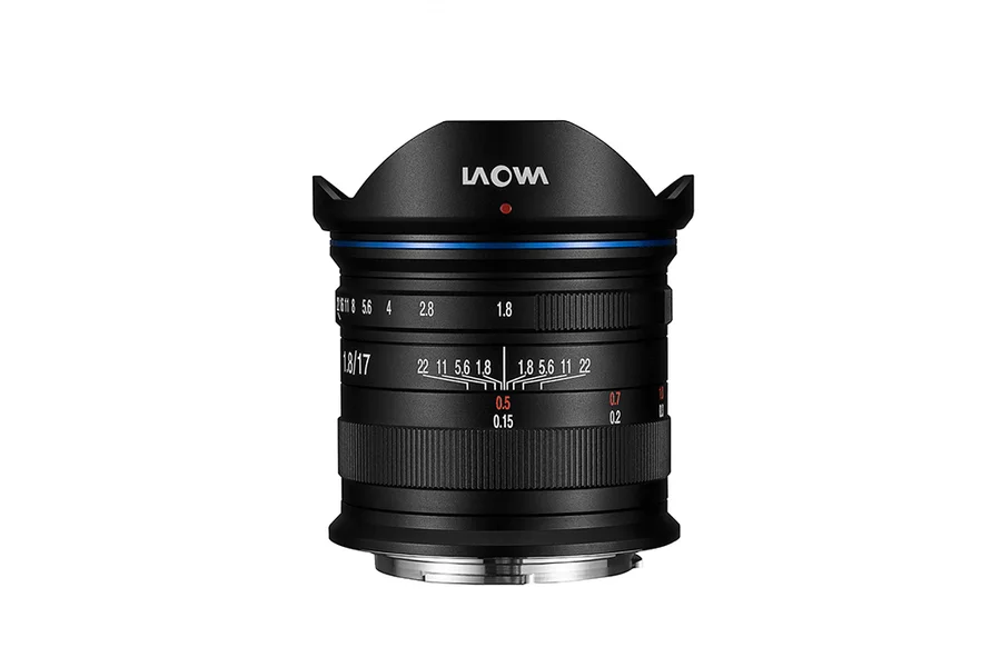 Laowa product photograph of the 17mm f/1.8 MFT lens with focus and aperture rings