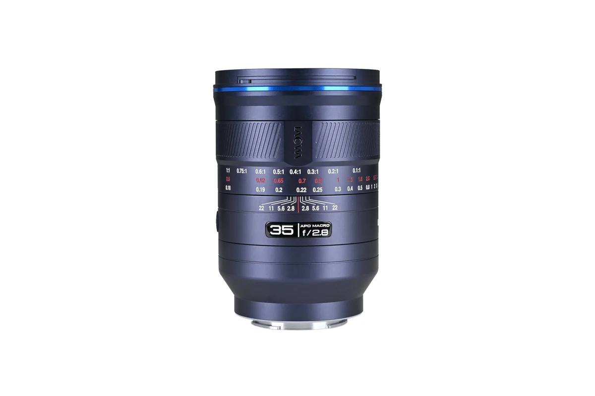Laowa official photograph of the ACRIS 35mm f/2.8 1X Macro APO lens, Sony E version