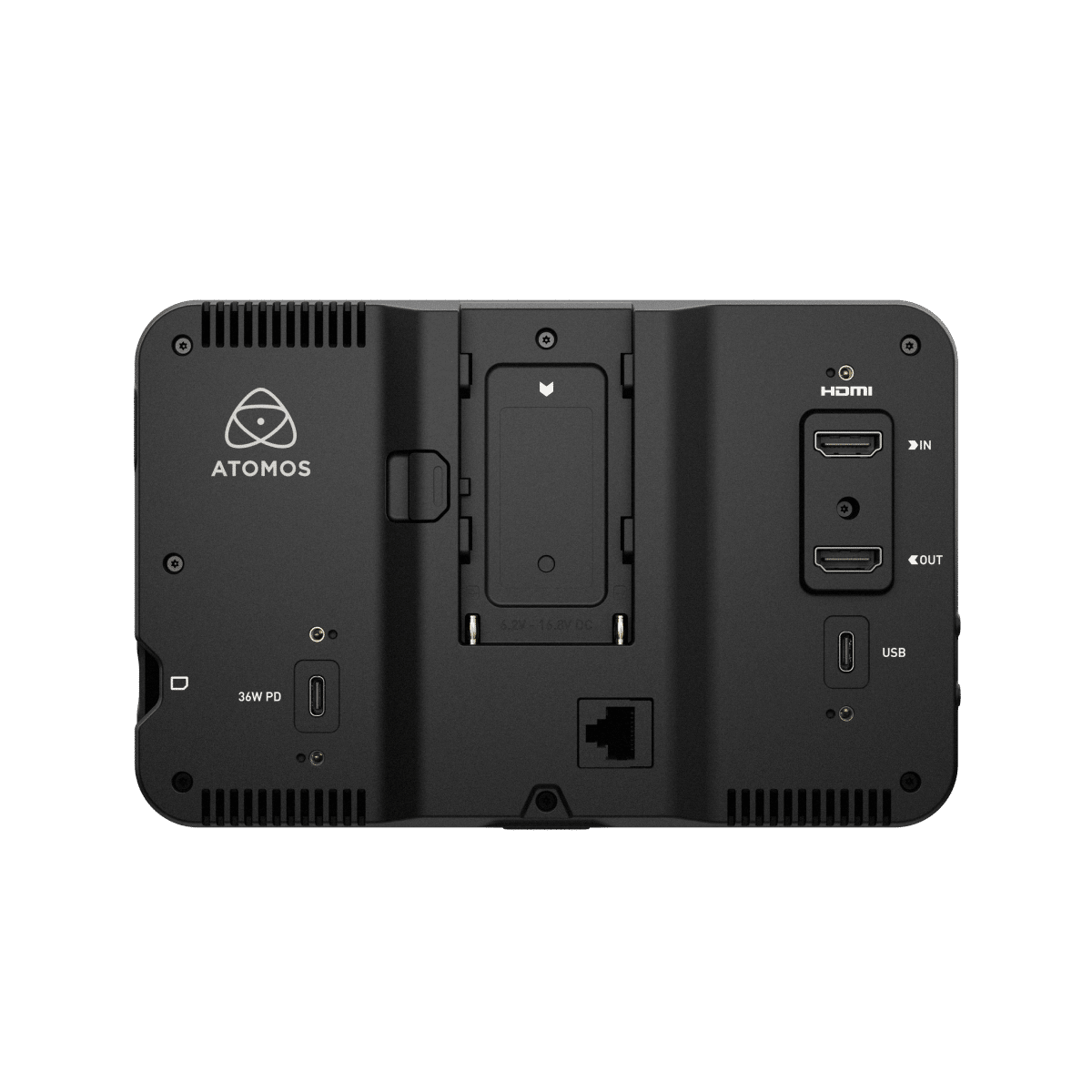 Official Atomos rear view of the Shinobi 7 II showing the battery plate and connections