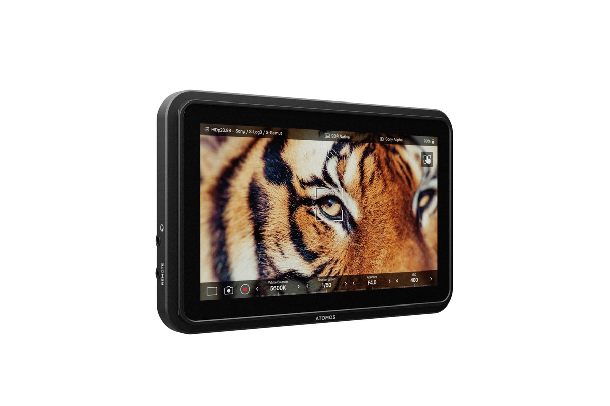 Official Atomos product image of the Shinobi 7 II, viewed from the front at an angle