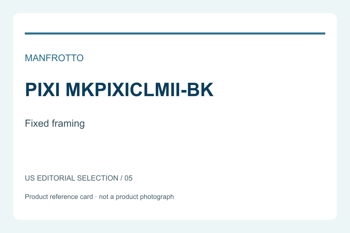 Typographic reference card for Manfrotto PIXI MKPIXICLMII-BK; not a product photograph
