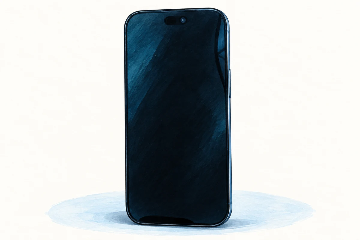 AI-generated gouache-style illustration of the front of a black Apple iPhone 18 Pro with its screen off, based on a reference photograph