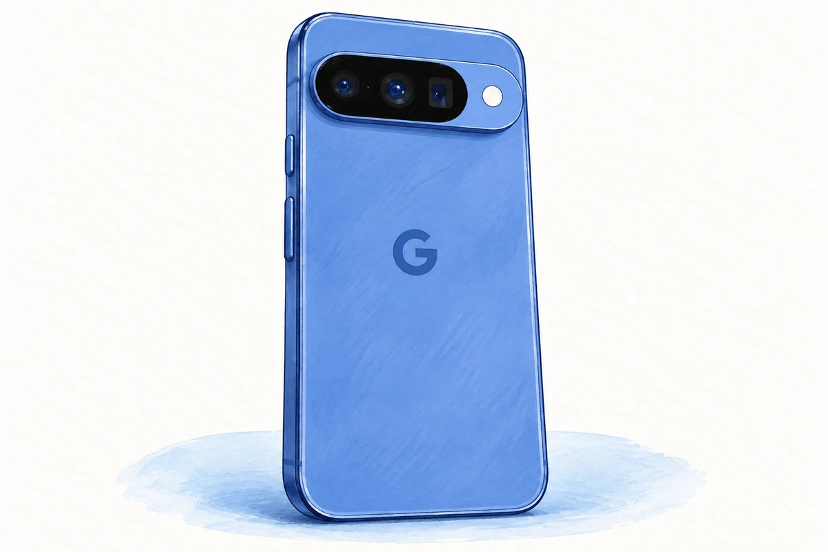 AI-generated gouache-style illustration of the rear of an Indigo Google Pixel 10, based on reference artwork