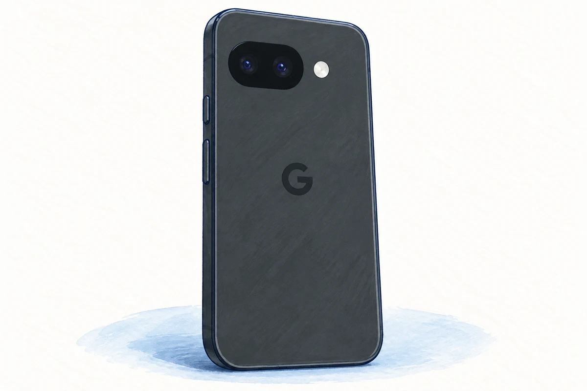 AI-generated gouache-style illustration of the rear of an Obsidian Google Pixel 10a, based on reference artwork