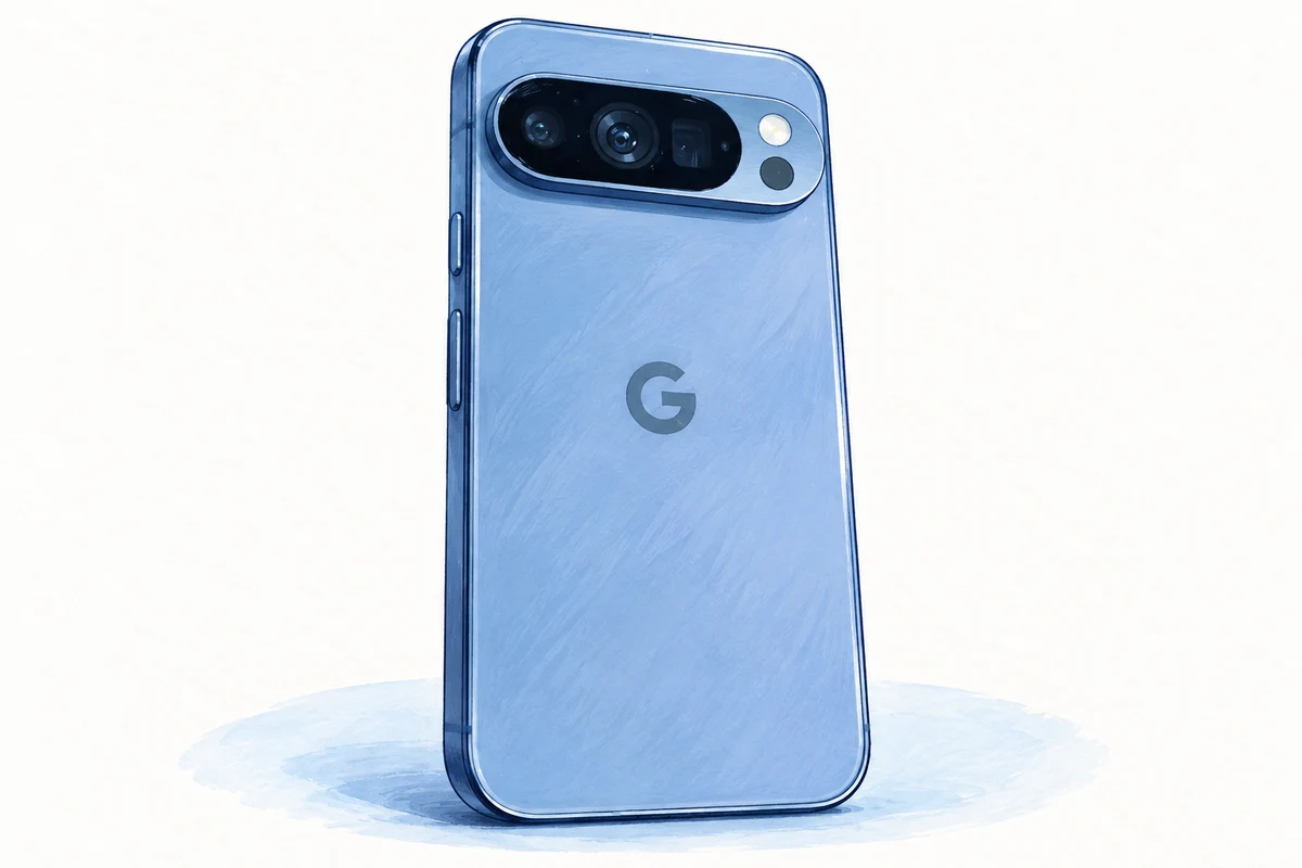 AI-generated gouache-style illustration of the rear of a Moonstone Google Pixel 10 Pro, based on a reference photograph