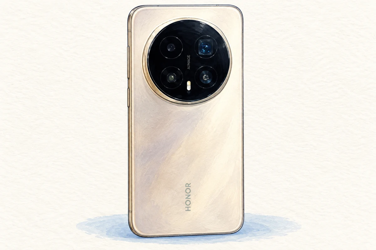 AI-generated gouache-style illustration of the rear of a pale gold HONOR Magic8 Pro; approximate exterior, not proof of a US model