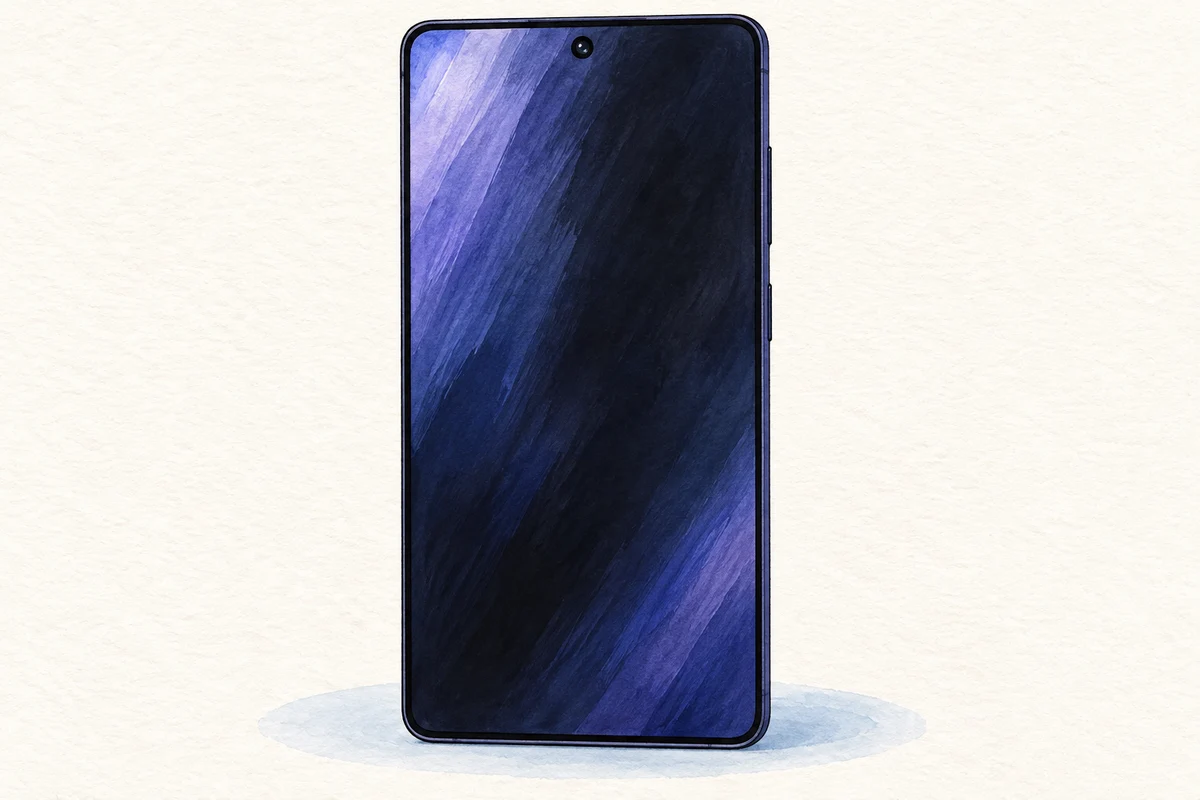 AI-generated gouache-style illustration of the front of a Samsung Galaxy S26 Ultra with a dark screen; approximate exterior, not a product photograph