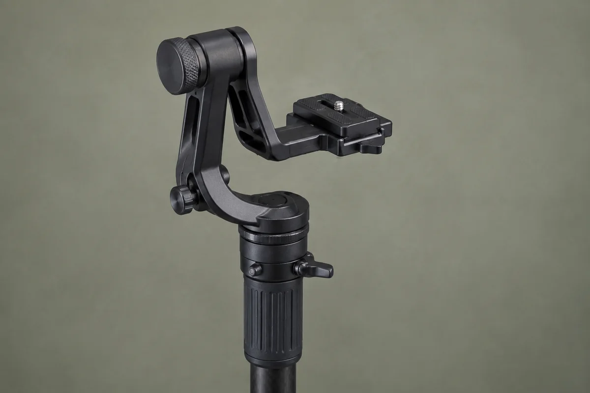 Editorial illustration of a compact side-mounted monopod gimbal head